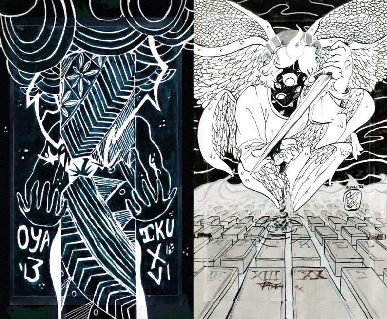 May include: Black and white illustration of two figures. The figure on the left is surrounded by geometric shapes and the text "OYA 13 IKU X VI". The figure on the right is an angel with wings, holding a sword and hovering over a grid of squares.