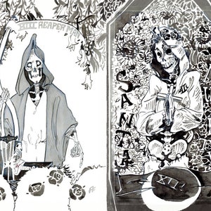 May include: A black and white illustration of a skeletal figure in a hooded robe holding a scythe. The figure is standing in front of a tombstone with the text "SANTA MUERTE" and the number "XII" on it. The background is filled with floral designs.