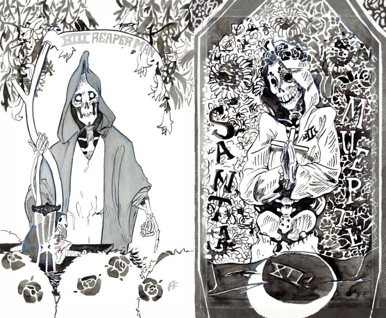 May include: A black and white illustration of a skeletal figure in a hooded robe holding a scythe. The figure is standing in front of a tombstone with the text "SANTA MUERTE" and the number "XII" on it. The background is filled with floral designs.