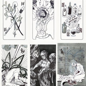 May include: Six black and white illustrations of playing cards. The cards are all different suits and ranks. The illustrations are all in a similar style, with a dark background and white lines.