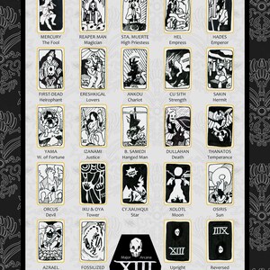 May include: A black and white tarot deck with illustrations of various deities and figures. The cards are arranged in a grid with the major arcana card in the center. The deck is titled "A Tarot Deck" and is illustrated by Alex Finis.