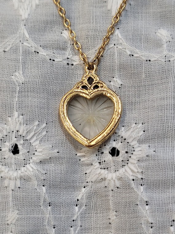 Vintage Gold Tone Camphor Glass Heart Shape Neckla
