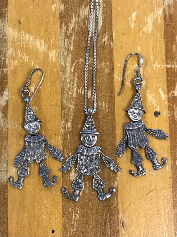 Vintage Sterling Clown Necklace and Earring Set, S