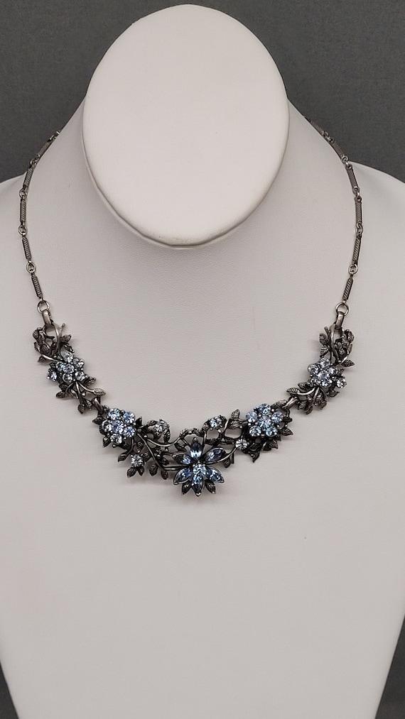 Vintage Blue Rhinestone Silver Tone  Necklace