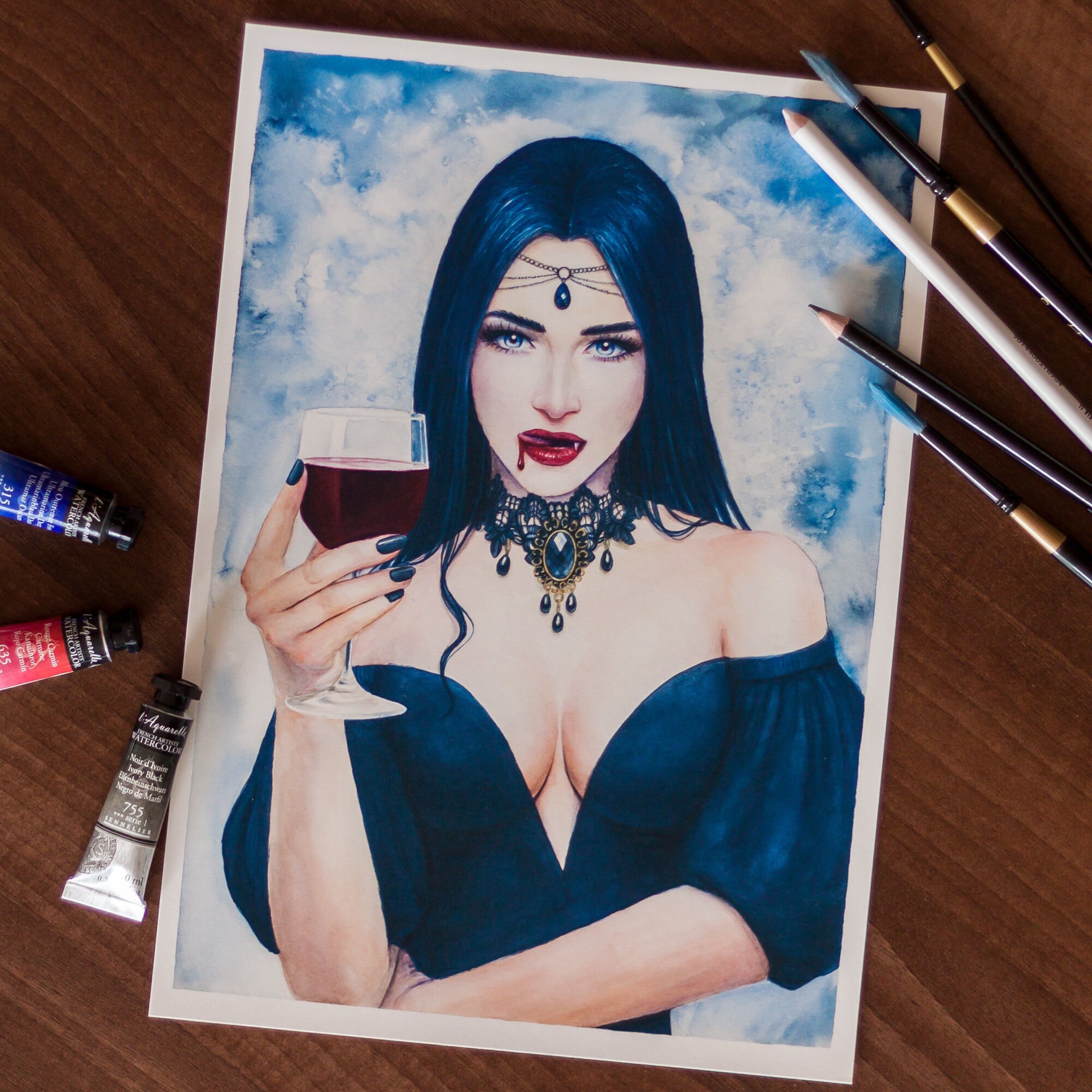 Vampiresse Halloween Dessin 20 5 X 15 Cm Art Print: Vampire and Wine / Watercolor Painting / Gift for - Etsy  Singapore