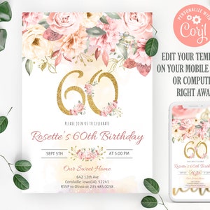 60th Birthday Invitation. Floral Birthday Invitation. Blush Pink Women Birthday Invitation. Gold and Pink Adult Birthday Invitation. 0019