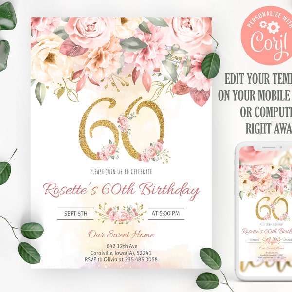 Floral 60th Birthday Invitation: Blush Pink & Gold (Editable Template)