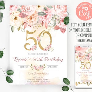 50th Birthday Invitation. Floral Birthday Invitation. Blush Pink Women Birthday Invitation. Gold and Pink Adult Birthday Invitation. 0019