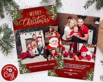 May include: A red Christmas card with a family photo collage. The card features a fireplace, a baby in a Santa suit, and a family of four. The text on the card reads "Merry Christmas" and "The Paterson Family | 20XX".