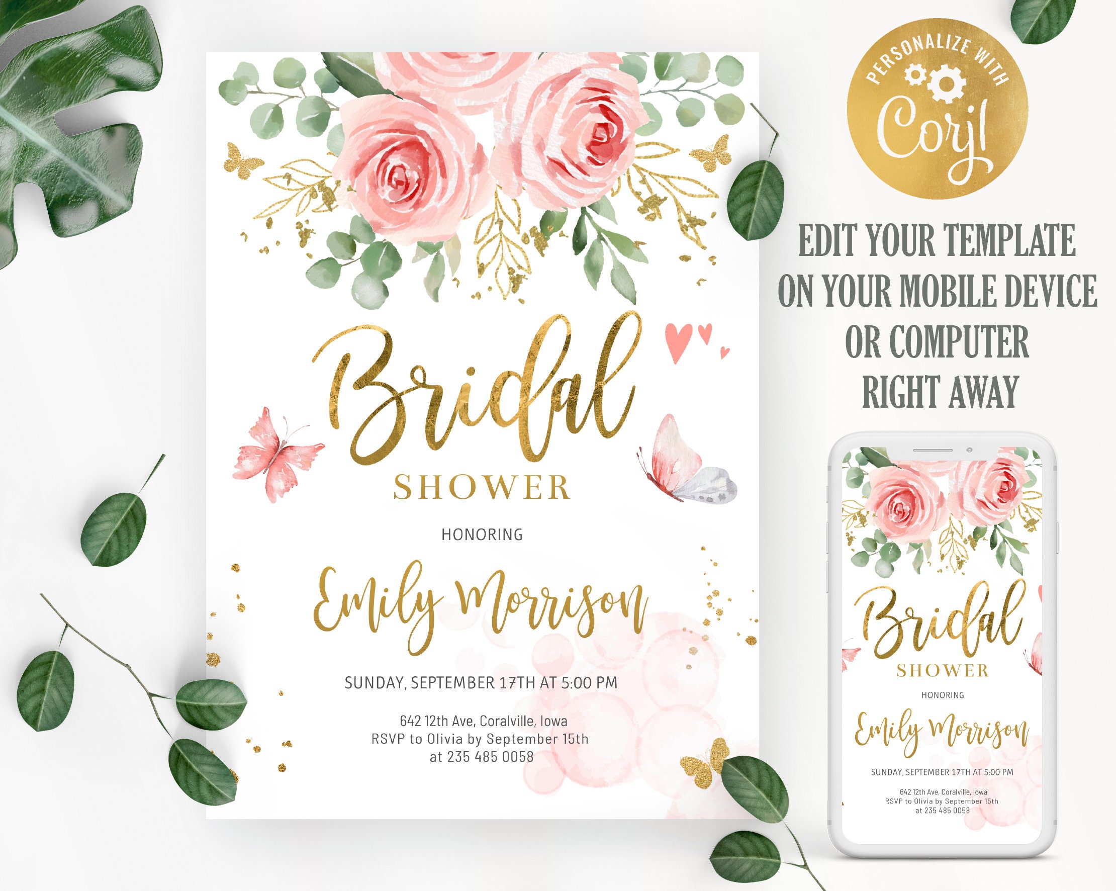Butterfly Bridal Shower Invitation. Editable Blush Pink Bridal Etsy