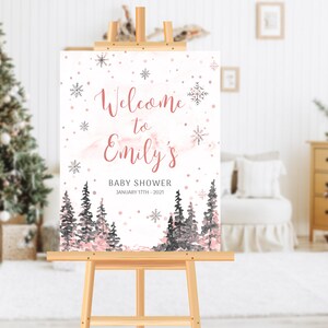 Cartello di benvenuto per baby shower invernale per bambina: modello con fiocco di neve rosa (digitale)