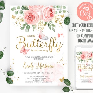 Editable Butterfly Baby Shower Invitation: Floral Theme (Corjl Template)