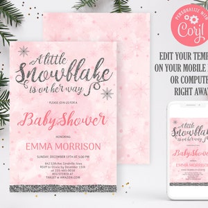 A little snowflake is on her way baby shower invitation. Winter baby shower invitation girl. Editable template. WT