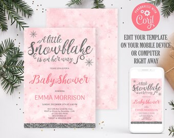 A little snowflake is on her way baby shower invitation. Winter baby shower invitation girl. Editable template. WT