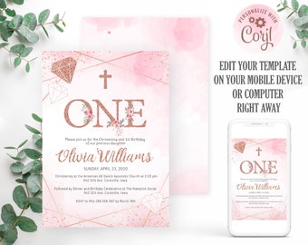 May include: A pink and gold digital invitation for a christening and first birthday party. The invitation features a cross, the word "ONE" in gold glitter, and a diamond design. The text on the invitation reads "Please join us for the Christening and 1st Birthday of our precious daughter Olivia Williams. Sunday, April 21, 2020. Christening at the Armenian All Saints Apostolic Church at 3:00 pm. 642 12th Ave. Coralville, Iowa. Followed by Dinner and Birthday Celebration at The Hampton Social. 642 12th Ave. Coralville, Iowa. RSVP to Rita 288.556.1197 by March 19th."