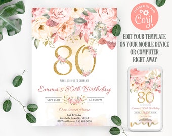 Puede incluir: Una invitación a un cumpleaños número 80 con un diseño floral. La invitación es rosa y dorada con un gran número 80 en purpurina dorada. El texto de la invitación dice "Por favor, únase a nosotros para celebrar el cumpleaños número 80 de Emma".
