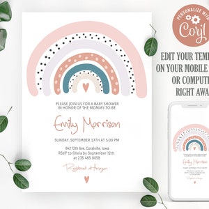 Regenbogen Babypartyeinladungsschablone. Boho Babypartyeinladung. Babypartyeinladung Mädchen. Druckbare Einladung zur Babyparty. Zum Selbermachen