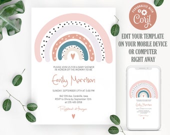 May include: A pink, white, blue, and beige rainbow with black polka dots and a pink heart in the center. The text "Emily Morrison" is below the rainbow. The text "Please join us for a baby shower in honor of the mommy-to-be" is above the rainbow. The text "Sunday, September 17th at 5:00 PM" is below the name. The text "642 12th Ave, Coralville, Iowa" is below the date. The text "RSVP to Olivia by September 12th at 235 485 0058" is below the address. The text "Registered at Amazon" is below the RSVP information. The text "Personalize with Coril" is in the top right corner of the image. The text "Edit your template on your mobile device or computer right away" is below the "Personalize with Coril" text. A mobile phone with a similar design is shown in the bottom right corner of the image.