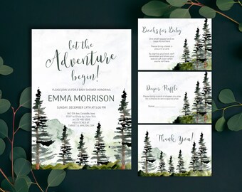 Paquete de invitaciones para baby shower con temática de bosque: temática de aventura (plantilla Corjl)