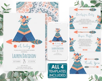 May include: Four printable templates for a baby shower. The design features a blue and orange teepee with floral accents. The text on the templates reads "Oh Baby", "Books for Baby", "Diaper Raffle", and "Thank You".