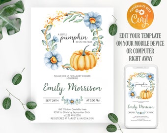 Watercolor Pumpkin Baby Shower Invitation (Editable Template)