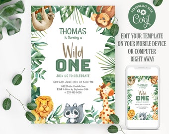 May include: A green and brown jungle-themed first birthday party invitation with a watercolor illustration of a sloth, monkey, lion, raccoon, and giraffe. The invitation says "Thomas is turning a Wild One" and includes details for the party, including the date, time, and location.