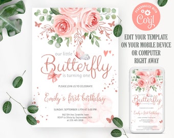 May include: A pink and green floral design with a butterfly and the text "our little Butterfly is turning one" and "Emily's first birthday". The invitation is for a first birthday party and includes the date, time, location, and RSVP information.