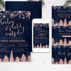 Winter rose gold baby shower invitation girl. Baby its cold outside. Editable pine navy winter baby shower invitation set. Blush Pink. 0160