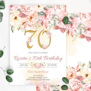 Floral 70th Birthday Invitation: Blush Pink & Gold (Editable)