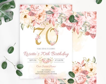 Floral 70th Birthday Invitation: Blush Pink & Gold (Editable)