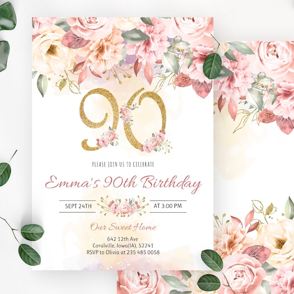 90th Birthday Invitation. Floral Birthday Invitation. Blush Pink Women Birthday Invitation. Gold and Pink Adult Birthday Invitation. 0019