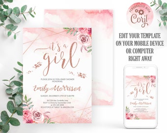 Blush Pink Floral Baby Shower Invitation: Editable Girl Invite (Instant Download)