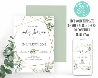 Może przedstawiać: Geometriczne zaproszenie na baby shower w kolorze zielonym i złotym z motywem liści. Zaproszenie zawiera napis "Proszę dołączyć do nas na baby shower z okazji Emily Morrison" wraz z datą, godziną i informacjami RSVP.