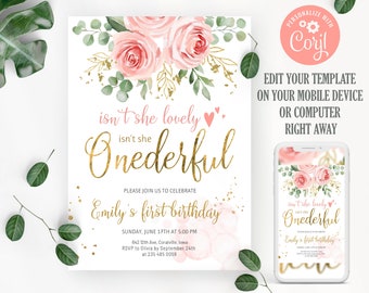Onederful birthday invitation girl. Baby&#39;s first birthday party invitation. Blush pink isn&#39;t she onederful 1st birthday invitation. 0094