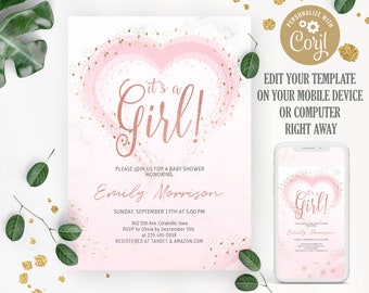 Editable its a girl baby shower Invitations. Baby girl shower invitation template. Blush pink gold baby shower invitation. Watercolor invite