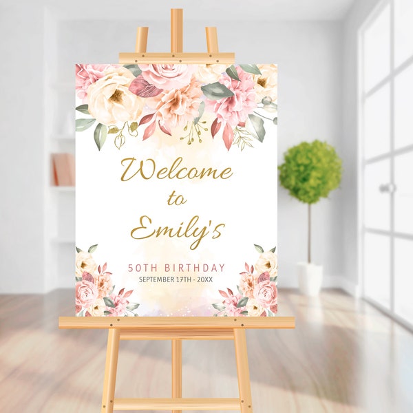 Birthday Welcome Sign. Gold Pink Greenery Botanical Welcome Sign. 0019