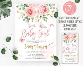 Blush Pink Floral Baby Shower Invitation: Editable Girl Invite (Instant Download)