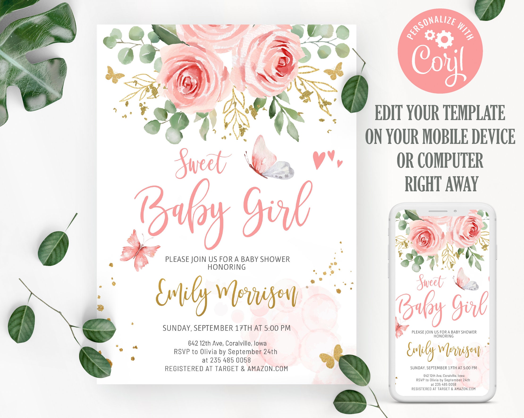 Sweet Baby Girl Shower Invitation Editable Blush Pink Baby Etsy
