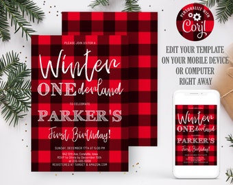 May include: Red and black buffalo plaid birthday invitation for a first birthday party. The invitation says "Please join us for a Winter ONEderland to celebrate Parker's First Birthday!" with the date, time, address, RSVP information, and website for gifts.