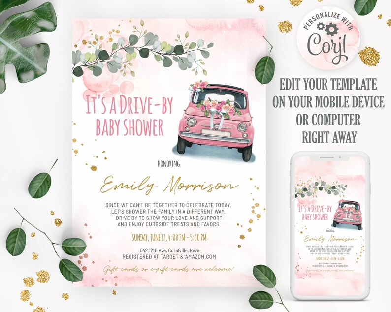 Editable Drive by Baby Shower Invitation Template Pink Floral Etsy