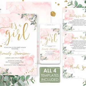 Editable girl pack. Blush pink baby shower invitation set. It’s a girl baby shower invitation set. Pink floral baby shower invitation. 0063
