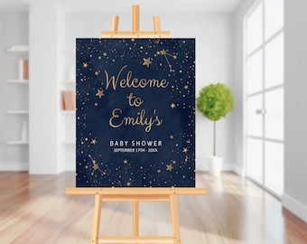 Editable twinkle twinkle little star baby shower welcome sign. Blue and gold baby shower welcome sign. Instant download. 0064