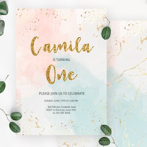 Rainbow Birthday Invitation Glitter Pastel 1st Birthday Invitation Template Colorful Watercolor Gold Sprinkles First Birthday 2nd 3rd  0171