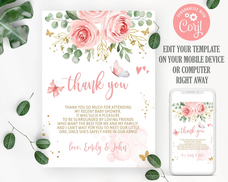 Editable Girl's Baby Shower Thank You Card. Baby Shower Etsy