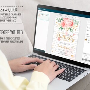 May include: A pink and gold baby shower invitation with a butterfly design. The text reads "Little Butterfly is on her way".