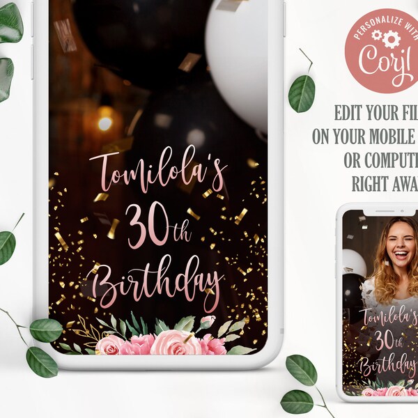 30th floral birthday snapchat filter. Fully editable. Blush pink birthday geofilter. Gold and pink geotag. Sparkle geofilter. Corjl. 0141