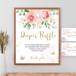 Cartes de tombola de couches florales roses. Panneau de tombola de couches pour baby shower et billets de tombola. Jeux de baby shower. Téléchargement instantané.  0094