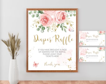 Pink Floral Diaper Raffle Tickets & Sign: Baby Shower Game (Digital Download)