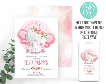 Op de afbeelding: Roze baby shower uitnodiging met een schattig cartoon olifantje met een bloemenkrans. De uitnodiging luidt "Kom gezellig naar een baby shower ter ere van Olivia Thompson, op 24 september om 15:00 uur".