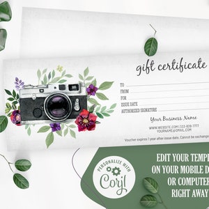 Photographer gift certificate Corjl. Photography gift certificate template. Photography gift voucher template. Photographer gift card. DIY.